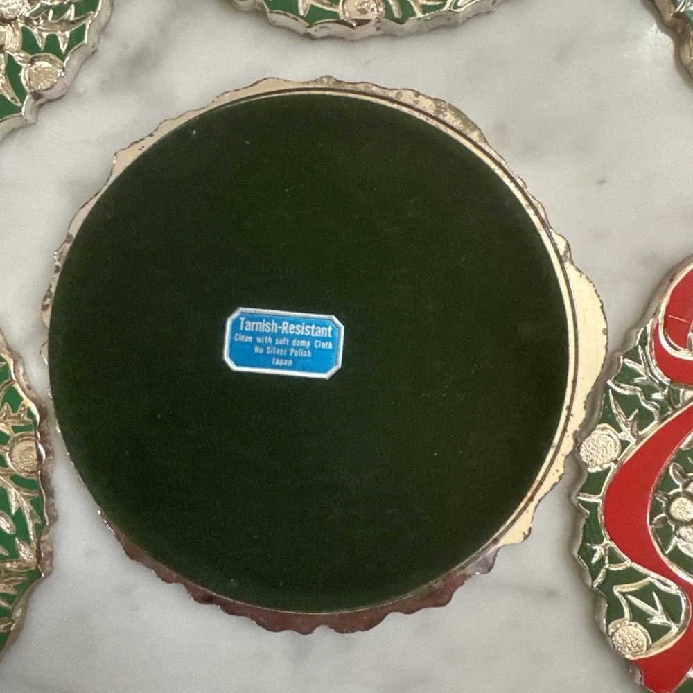Vintage Holiday 6 Wreath Coasters Oneida Japan Silver Plate, Rogers 1988